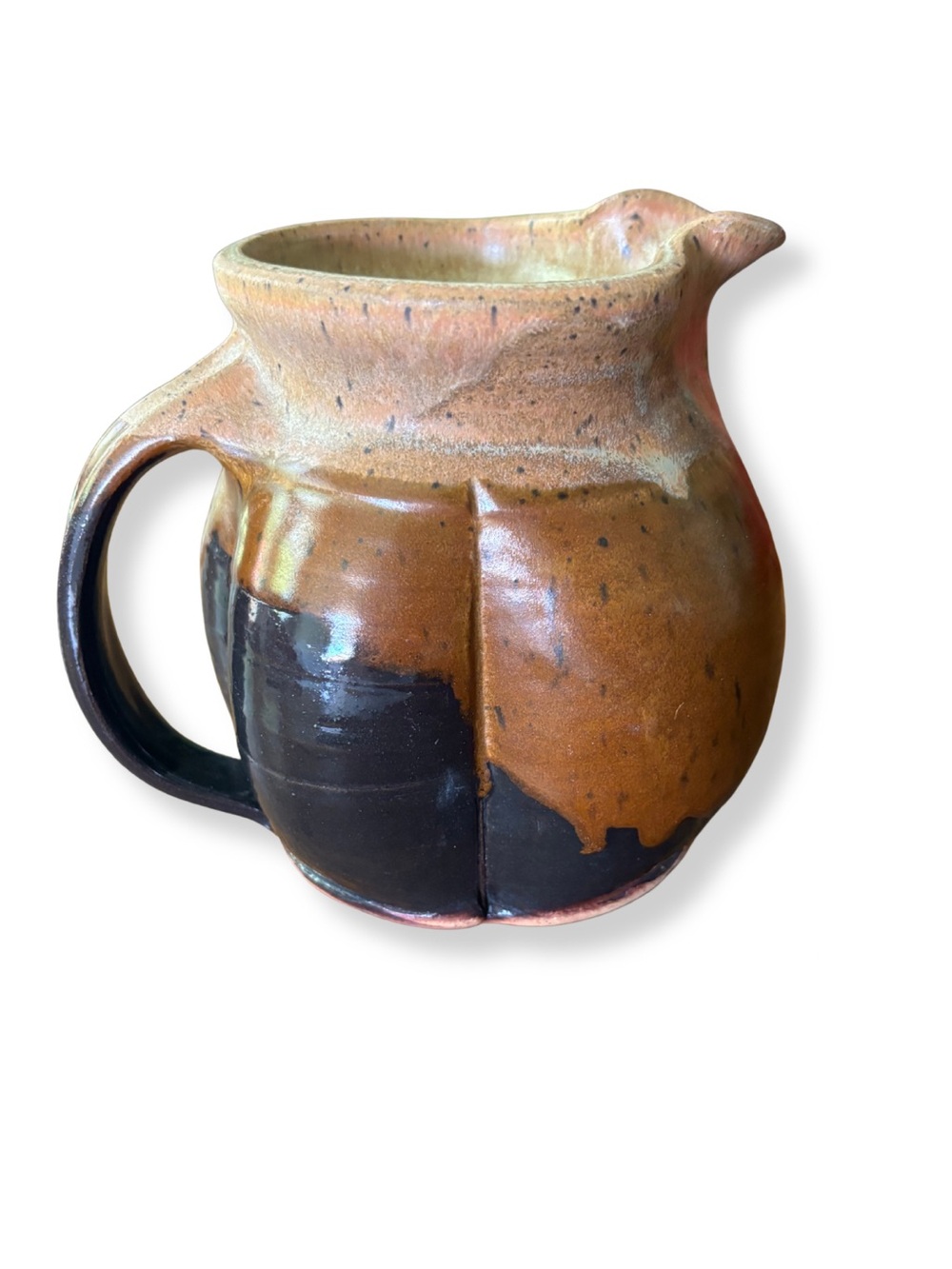 Handmade Studio Pottery Stoneware Pitcher Brown Drip Glaze Rustic 5.25”